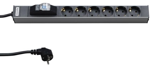 Hyperline Блок розеток для 19" шкафов, горизонтальный, 6 розеток Schuko, автоматический выключатель, кабель питания 2.5м