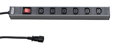 Hyperline Блок розеток для 19" шкафов, горизонтальный, 6 розеток IEC320 C13, выключатель с подсветкой, кабель питания 2.