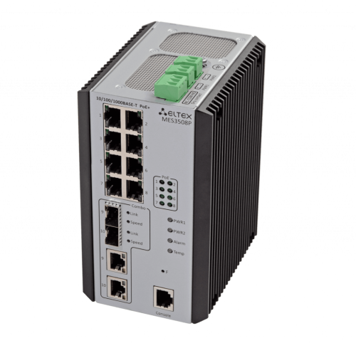 Eltex Ethernet-коммутатор MES3508P, 8х10/100/1000Base-T (PoE/PoE+), 2хcombo 10/100/1000Base-T/1000Base-X, L3, 48 (45 ~ 5