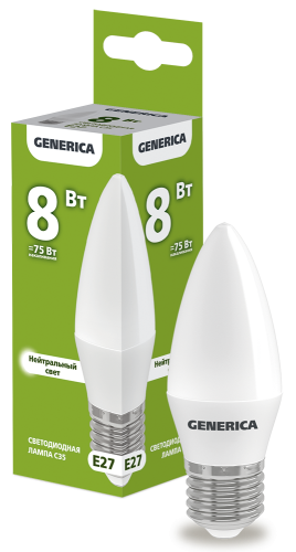 Лампа LED C35 свеча 8Вт 230В 4000К E27 GENERICA