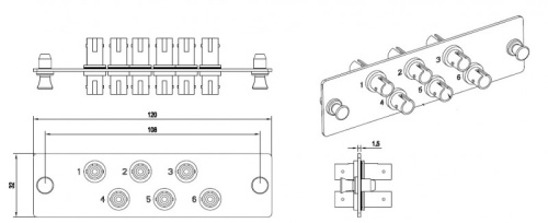 Hyperline Панель для FO-19BX с 6 ST адаптерами, 6 волокон, одномод, 120x32 мм