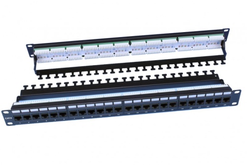 Hyperline Патч-панель 19", 1U, 24 порта RJ-45, категория 6, Dual IDC, ROHS, цвет черный (задний кабельный организатор в 