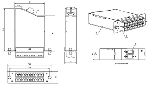 Hyperline Волоконно-оптическая кассета MTP (папа), 120x32 мм, 24LC адаптера (цвет синий), 24 волокна, OS2, 10Gig