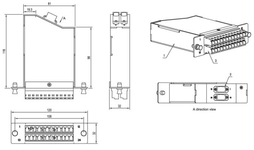 Hyperline Волоконно-оптическая кассета 2xMTP (папа), 120x32 мм, 24LC адаптера (цвет aqua), 24 волокна, OM4