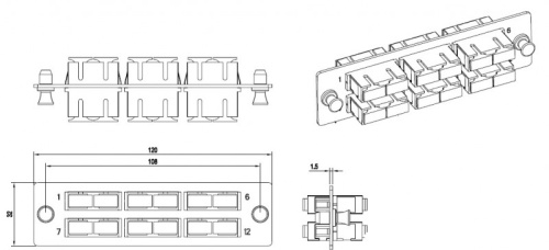 Hyperline Панель для FO-19BX с 6 SC (duplex) адаптерами, 12 волокон, многомод OM2, 120x32 мм, адаптеры цвета бежевый (be